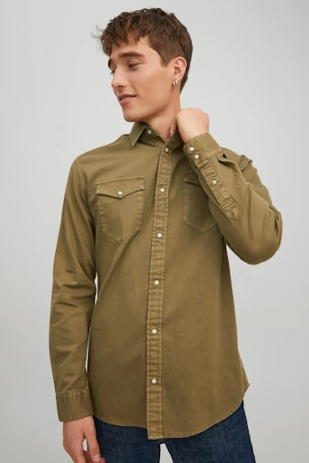 JACK JONES Erkek Haki Uzun Kollu Gömlek 12138115