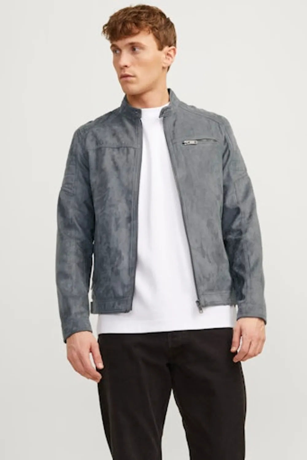 Jack Jones Erkek Sedona Sage Biker Yaka Ceket Sentetik Süet Görünümlü Gri Ceket 12147218G