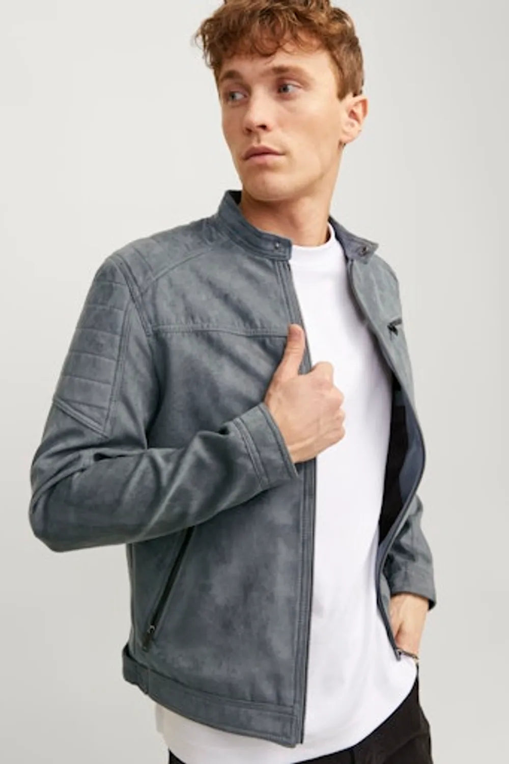 Jack Jones Erkek Sedona Sage Biker Yaka Ceket Sentetik Süet Görünümlü Gri Ceket 12147218G