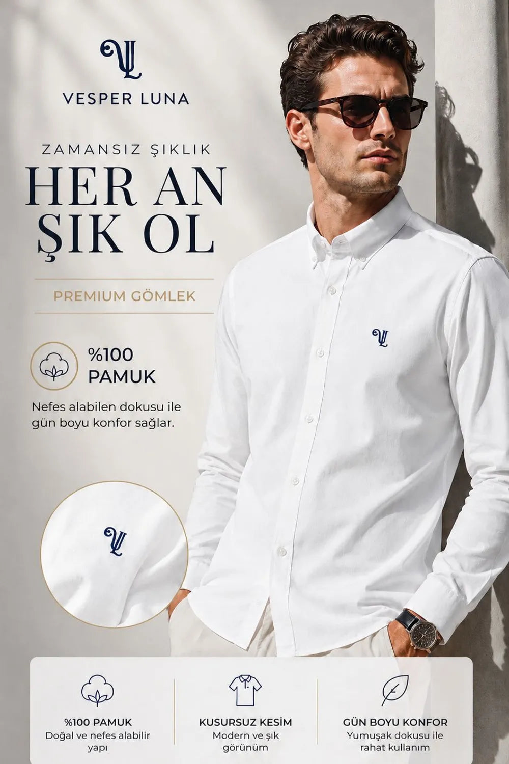 Vesper Luna Erkek Düğmeli Yaka Beyaz Gömlek 33537477